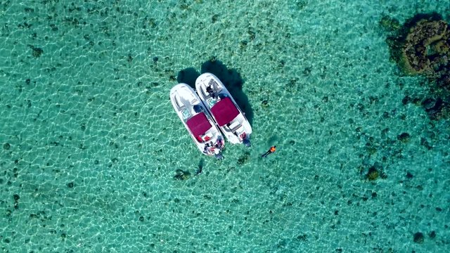 Beautiful overhead drone perspective spinning ascending over speedboats and snorkeling in the turquoise blue water of Bora Bora, French Polynesia South Pacific 