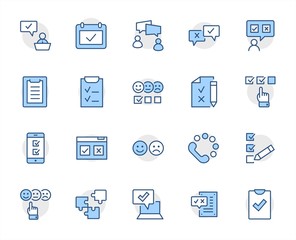 Set of Survey Related Vector Line Icons. Contains such Icons as Smile, Sad, Review, Click, Check, Customer Opinion, Web Survey and more. Editable Stroke. 32x32 Pixel Perfect