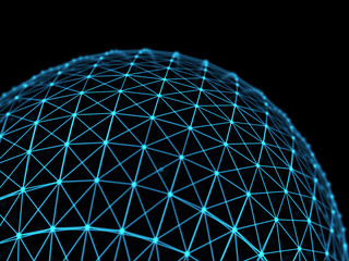 Naklejka premium Abstract technology neural network and sphere geometry orb and polygonal lines and dots. Futuristic Technology, digitally generated image, 3d rendering