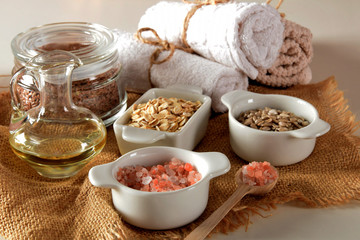 homemade body care ingredients, sunflower seeds, Himalayan salt, linseed, oatmeal