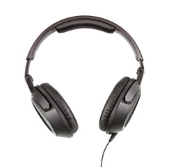 Headphones Isolated on White Background. Black High-quality headphone close up.