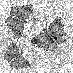 Seamless floral pattern with butterflies. Coloring book. Page antistress coloring. Coloring book for adults. Page coloring for adults