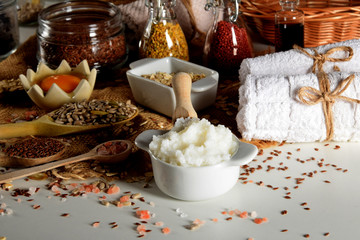 raw egg, pollen in a jar, balsamic vinegar, linseed, oatmeal, salt, sunflower seeds for home cosmetics