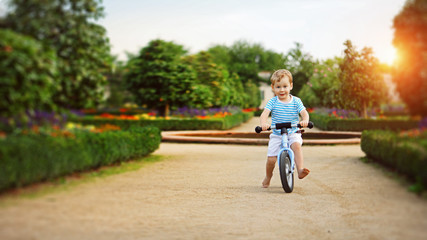 Fototapeta premium happy child boy rides a racetrack in Park in summer