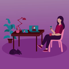 Female having online call at home. Illustration for freelancing, remote work, business, online learning. Vector isometric illustration