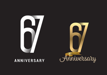 67 years anniversary celebration logo design. Anniversary logo Paper cut letter and elegance golden color isolated on black background