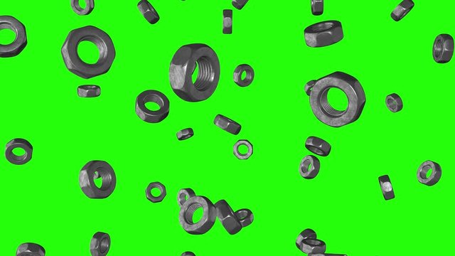 Rain of Stainless nuts falling on green screen or chroma key. 3d metal screw. Repair Equipment  Steel Nail. Building materials concept. Close up view. Animation background