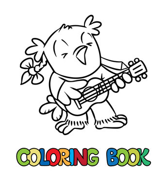 Coloring book of little funny owl with ukulele