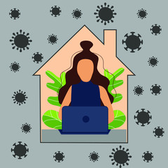 Self-quarantine concept. Work at home during an outbreak of the COVID-19 virus. Lockdown. People stay home. Coronavirus quarantine preventive measures. Prevent the spread of infection. Vector 