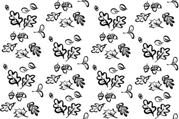 Seamless pattern from oak and maple leaves and acorns painted with thick paint and brush on white background.