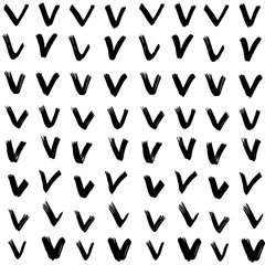 Seamless pattern from check marks drawn with thick black paint and brush on white background