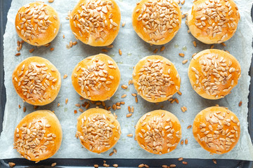 Hot fresh homemade buns. Top view