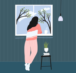 Young woman at home longing at window. Spring landscape outside, blue sky with clouds and trees. Cozy pink pajama. Self isolation concept illustration. - obrazy, fototapety, plakaty