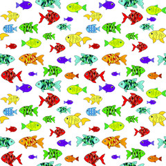Colorful cartoon fish on white background: bright aquarium seamless pattern. Vector graphics.
