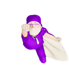 super doctor cartoon is flying up in white background drone view