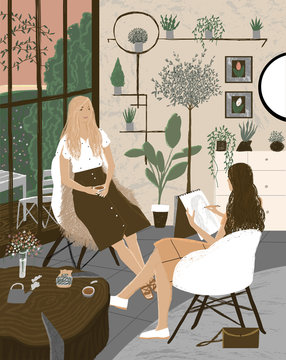 Sisters stay at home! Quarantine and self-isolation. Vector cute illustration of two women together, drinking coffee, drawing, spending time and pleasant leisure. Modern cozy interior design.
