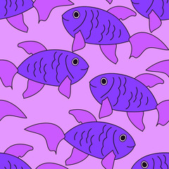 Fototapeta premium Blue-purple cartoon fish on purple background: aquarium seamless pattern. Vector graphics.