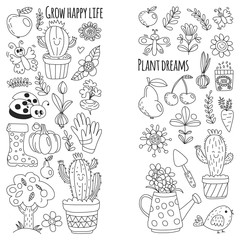 Cute gardening. Icons for banners. Vector pattern for backgrounds.