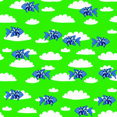Blue cartoon fish swimming in the green sky: fantasy seamless pattern. Vector graphics.