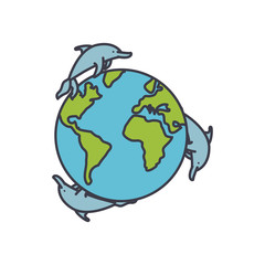 dolphins jumping around the earth planet, fill style