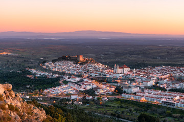 Fototapeta premium Castelo de Vide in Alentejo, Portugal from Serra de Sao Mamede mountains at sunset
