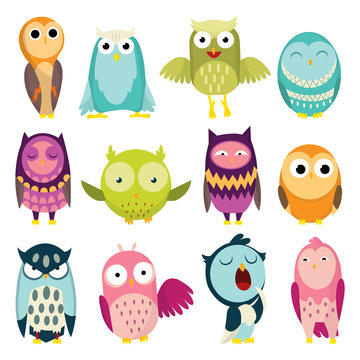 Vector illustration of colorful cartoon funny owls set on white background. Happy and joyful birds set in flat style. Isolated children cartoon illustration, for print or stickers