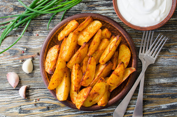 Golden spicy potato wedges fried or oven baked with garlic, sauce and onion.