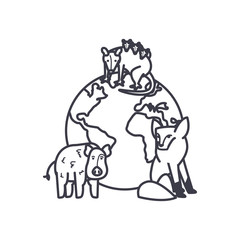 earth planet with animals around, line style