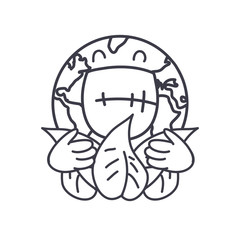 cartoon cute earth planet huggin leaves icon, line style