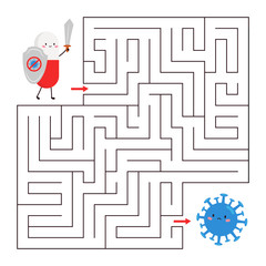 Educational maze game for children. Help the cute kawaii pill with sword and shield find right way to the virus. Cartoon vector characters.