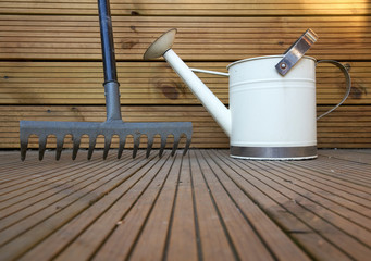 garden tools on wooden table