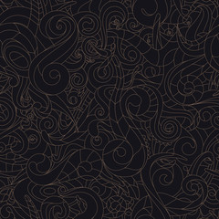 Vector line abstract twisted seamless texture. Natural motives. Black backround.