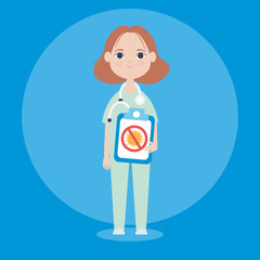 cartoon doctor woman holding a medical report with coronavirus symbol, colorful design