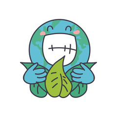 cartoon cute earth planet huggin leaves icon, fill style