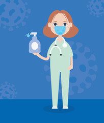 cartoon doctor woman holding a antibacterial gel bottle icon, colorful design