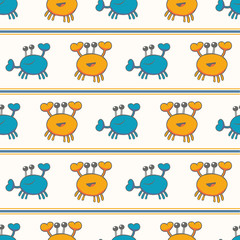 Cartoon crab vector seamless pattern background. Horizontal rows of orange blue crustacean geometric backdrop. Marine wildlife kawaii style. All over print for family summer vacation, beach holiday