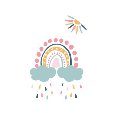 Vector background with hand drawn rainbows and sun.
