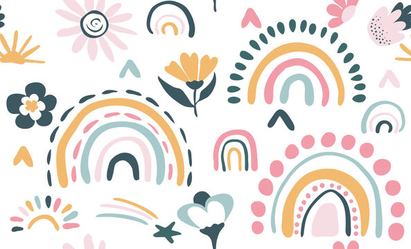 Seamless vector pattern with hand drawn rainbows and sun.