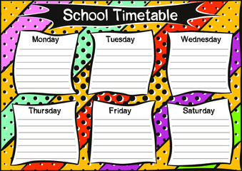 Bright template of a school schedule for 6 days of the week for students. Blank for a list of school subjects. Vector illustration in popart styles. 

