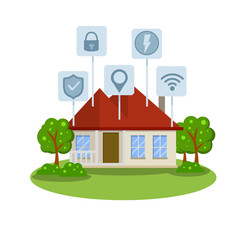 Small house. Suburban one-storey building. Smart house. Online system management. Wifi, lock, security, electricity, energy, location. Modern effective communication. Cartoon flat illustration