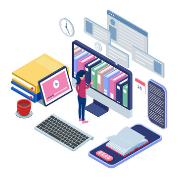 Female stand in front of computer and pick book at the online library. E-learning concept with isometric illustration. Computer with  smartphone, books, keyboard, cups. Desk equipment. Vector