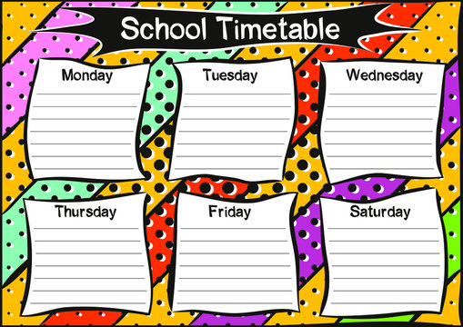 Bright template of a school schedule for 6 days of the week for students. Blank for a list of school subjects. Vector illustration in popart styles. 

