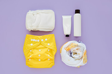 Set of cloth diaper, muslin swaddle blanket, baby cosmetics and child stuff.  Eco friendly cloth...