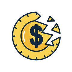 economic recession concept, broken money coin icon, line color style
