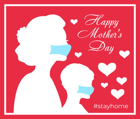 happy mother's day coronavirus concept. 2019-ncov quarantine. Mother and sohn. Lockdown at home. Coronavirus panic. Isolated people vector illustration.