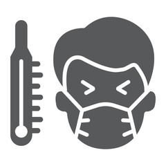Sick man with thermometer glyph icon, covid-19 and coronavirus, high temperature sign, vector graphics, a solid icon on a white background, eps 10.