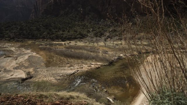 A motion timelapse looking down at water flowing up the Virgin River in Zion Canyon as the camera tilts up to reveal red cliffs.