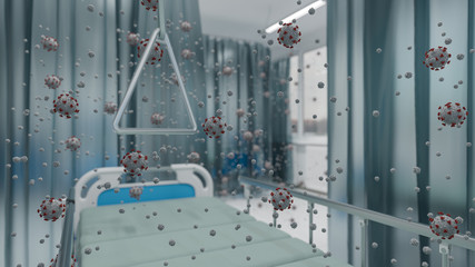 Empty Medical Bed Inside an Illuminated Medical Room with Virus Particles 3D Rendering