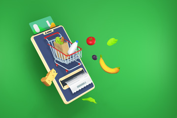 Online food shopping in grocery store with payment via mobile phone, by integrated ATM with credit card and receipt with food icons around smarthone.