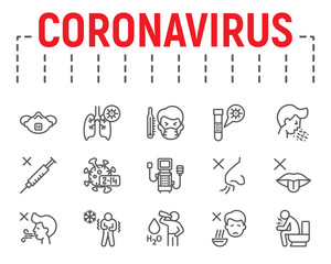 Coronavirus line icon set, illness symbols collection, vector sketches, logo illustrations, covid 19 icons, epidemic signs linear pictograms package isolated on white background.